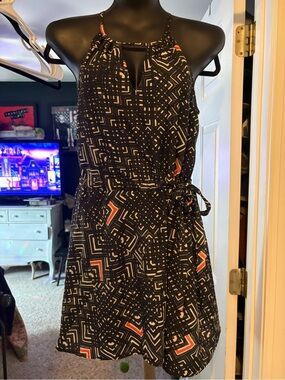Geometric Print Halter Dress in Black with Orange Accents